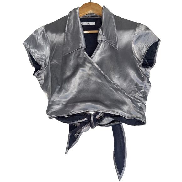 Y2K Rampage Silver Metallic Wrap Top Blouse Medium Going Out Top Crop Futuristic - Picture 1 of 6